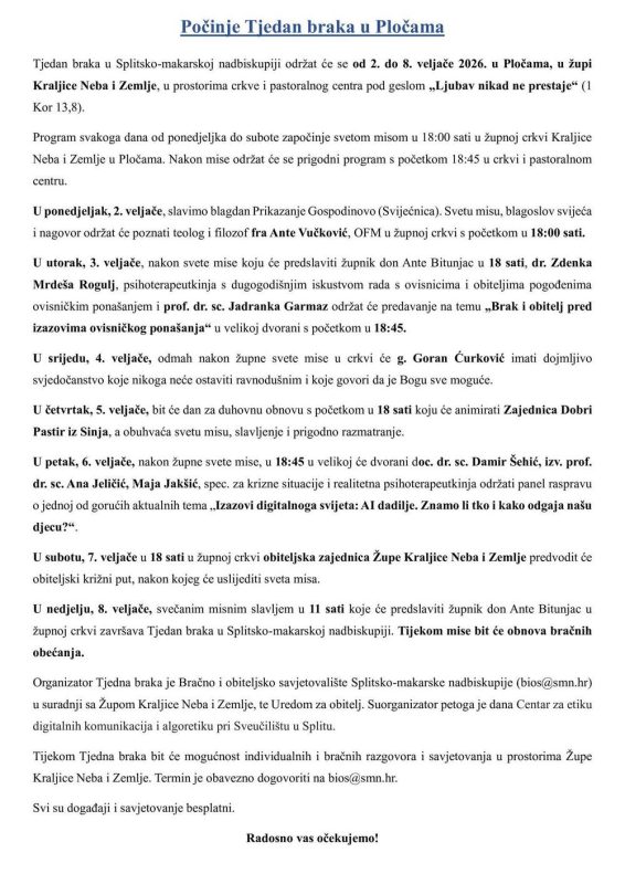 U Pločama se održava tjedan braka pod gleslom “Ljubav nikada ne prestaje”